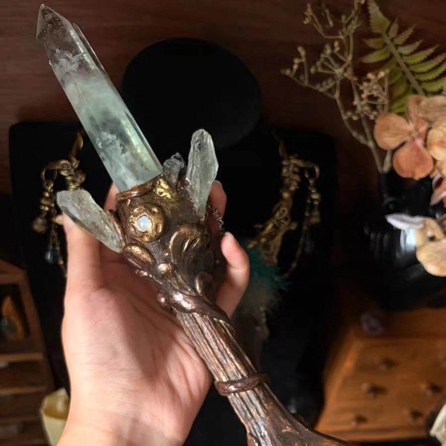 Back view showing the hand-sculpted texture and natural crystal arrangement on the antler scepter