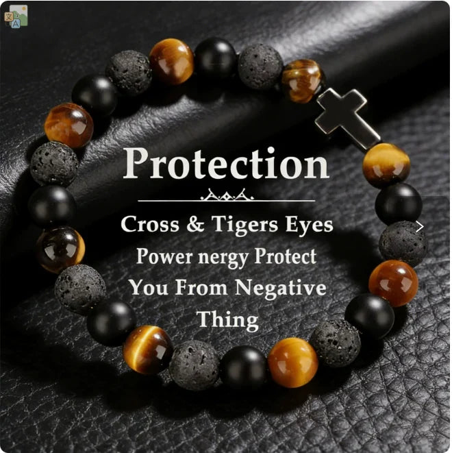 Tiger Eye & Lava Stone Cross Bracelet natural stone beaded bracelet