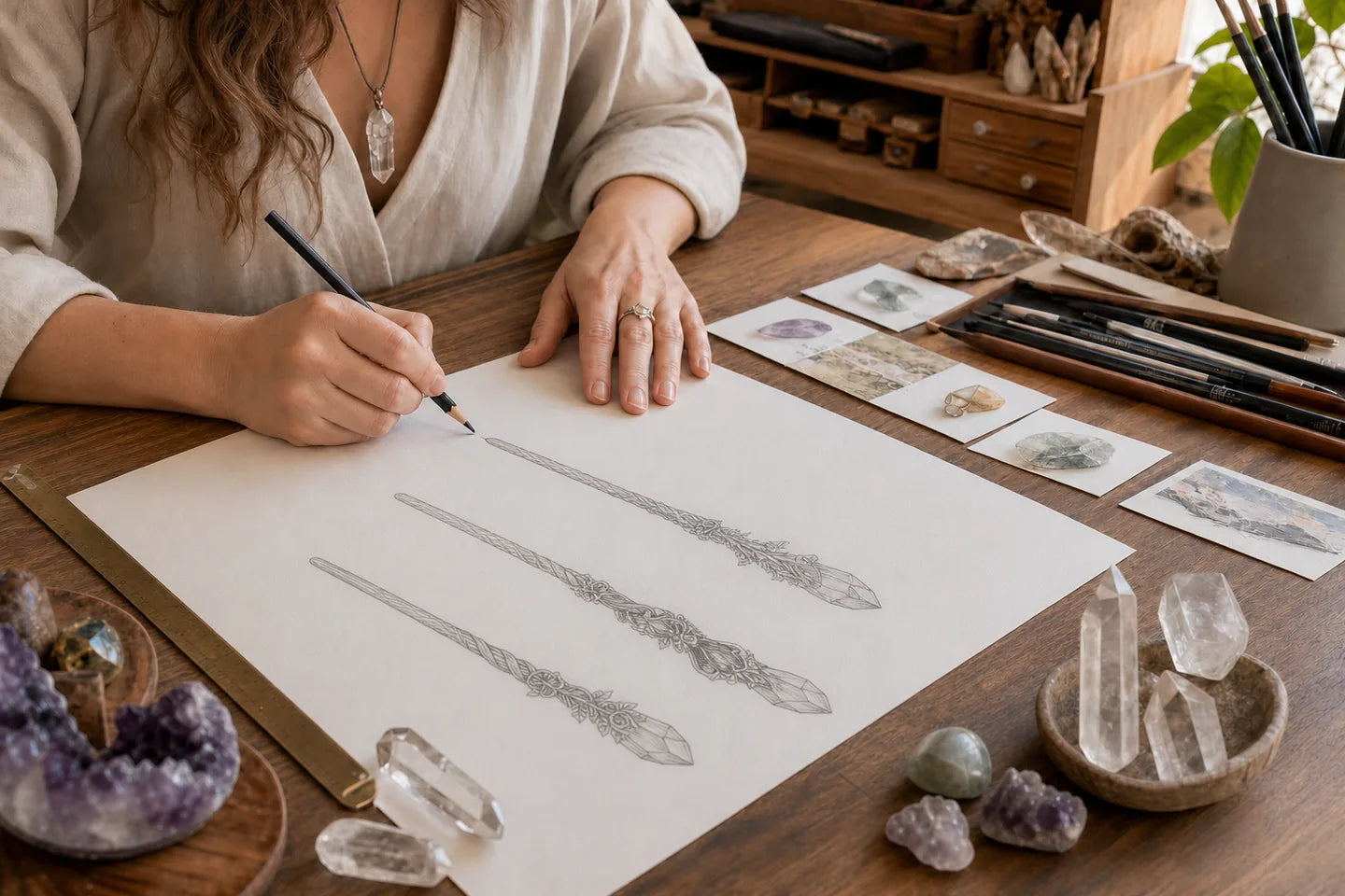 A female craft designer drawing original SaintMagic wand studies beside natural crystals