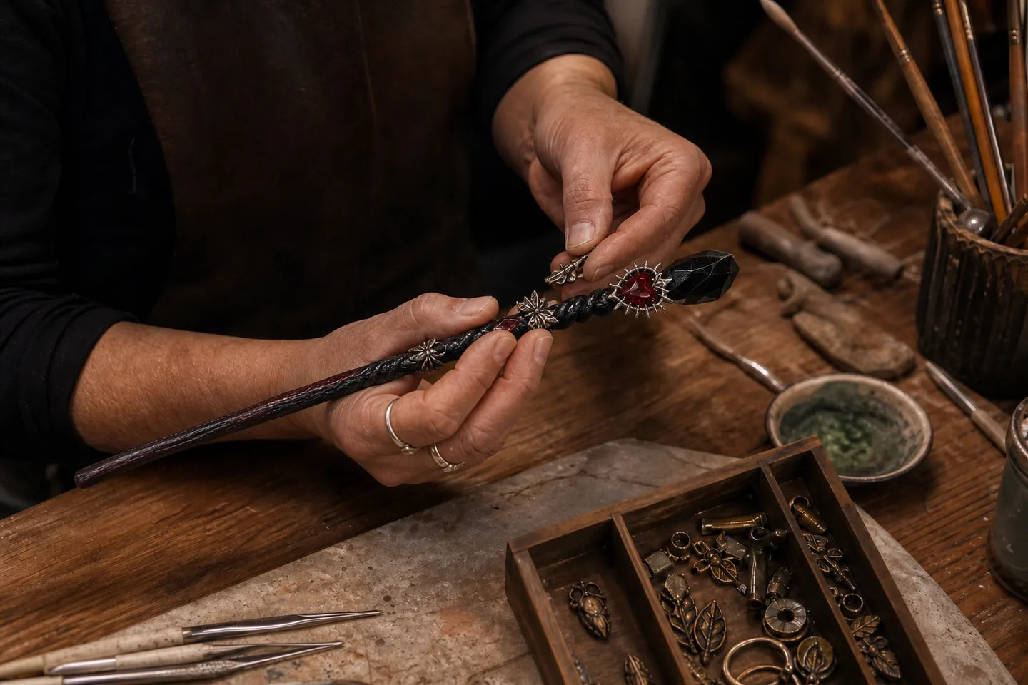 A craftsperson sculpting, painting, and assembling an existing SaintMagic crystal wand by hand