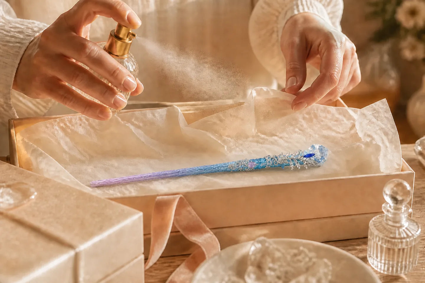 An existing SaintMagic crystal wand receiving a final atmospheric fragrance touch