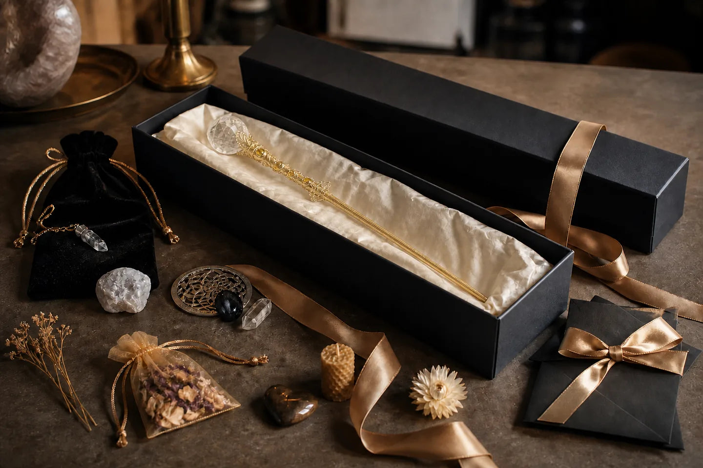 An existing SaintMagic wand arranged in premium gift packaging with ribbon and small surprises